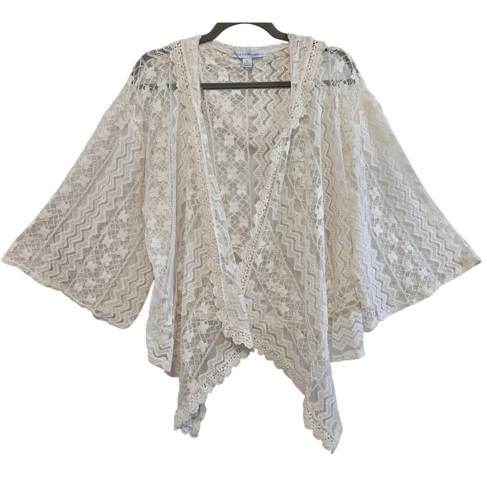 Late For Dinner Boho Fairy Floral Lace Bolero Cardigan Cream Open Front Hood M